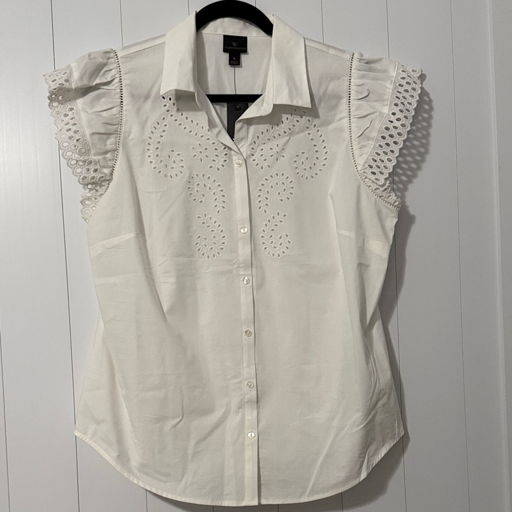 NWTs Worthington White Eyelet Flutter Sleeve Button-Down Top